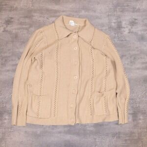 Vintage 80's Cable Knit Collared Fisherman Beige Knit Cardigan Sweater